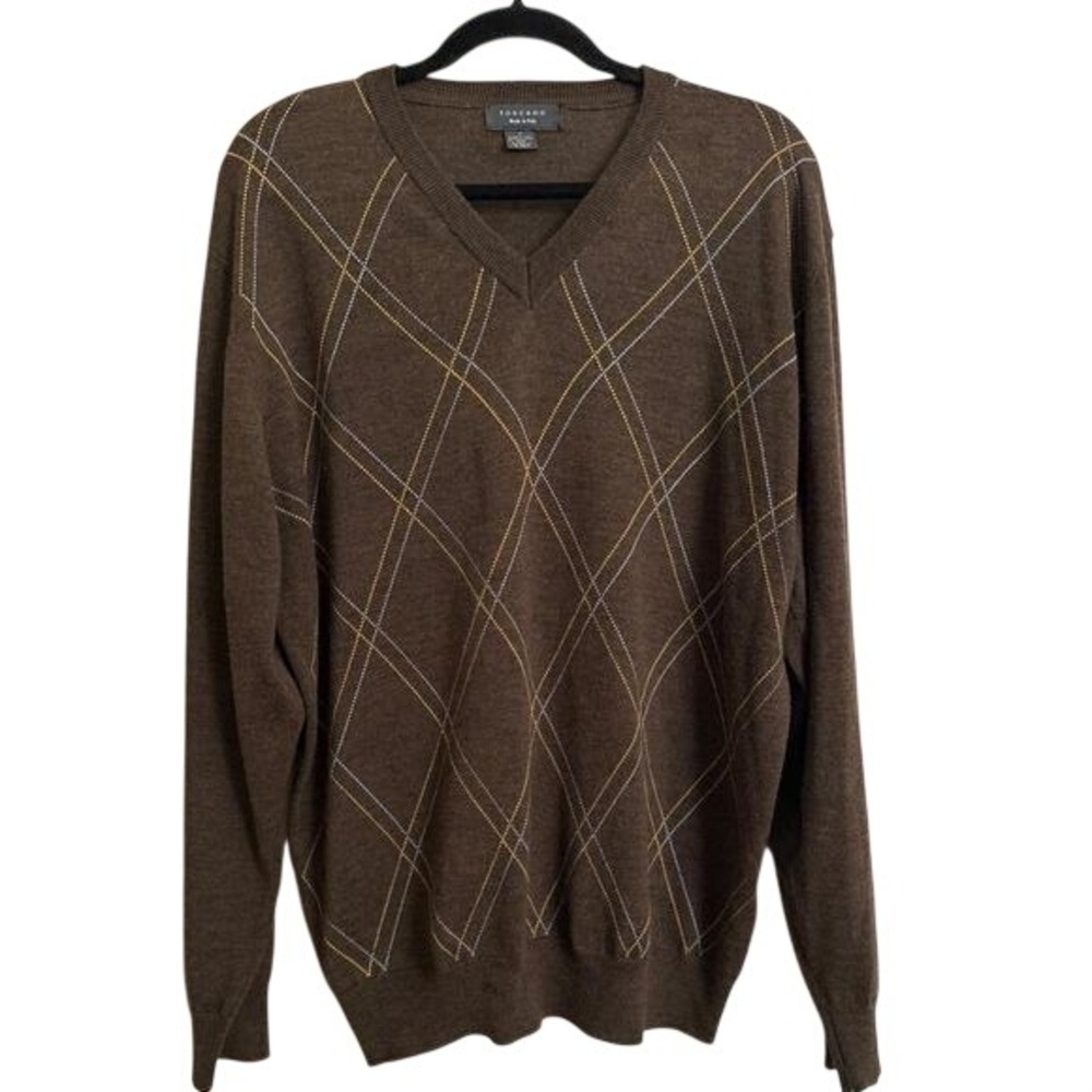 Vintage Toscano Italy Merino‎ Wool Blend Argyle V-Neck Sweater XL Brown